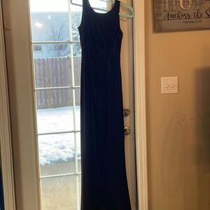 Calvin Klein ruched formal long black dress with rhinestone detailing size 10